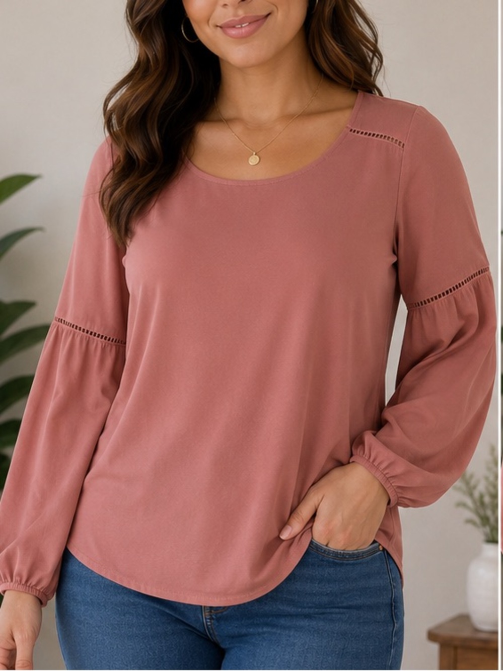 Pink Rose Mauve Scoop Neck Long Sleeve Top